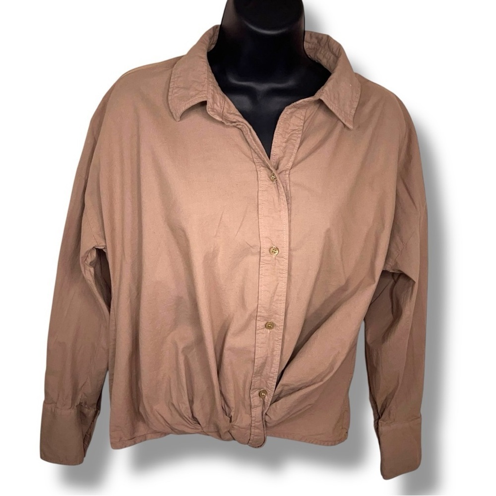 New XS Stateside Beige Tan Cotton Button Up Shirt Womens Neutral Lightweight